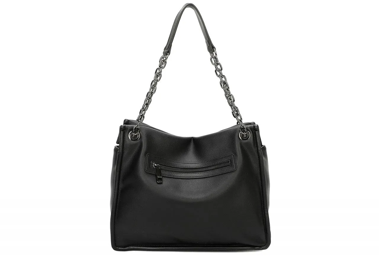 Bolso Negro Liso Logo Metal Asas Cadena Eslabones