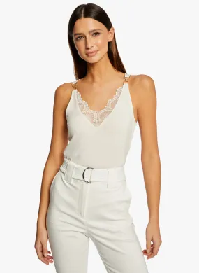 MORGAN DASKI - Camiseta de tirantes de encaje con cuello de pico en beige