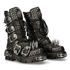 New Rock 1535-S1 Botas altas militares de cuero negras con hebillas de Metal Spikes Punk EMO
